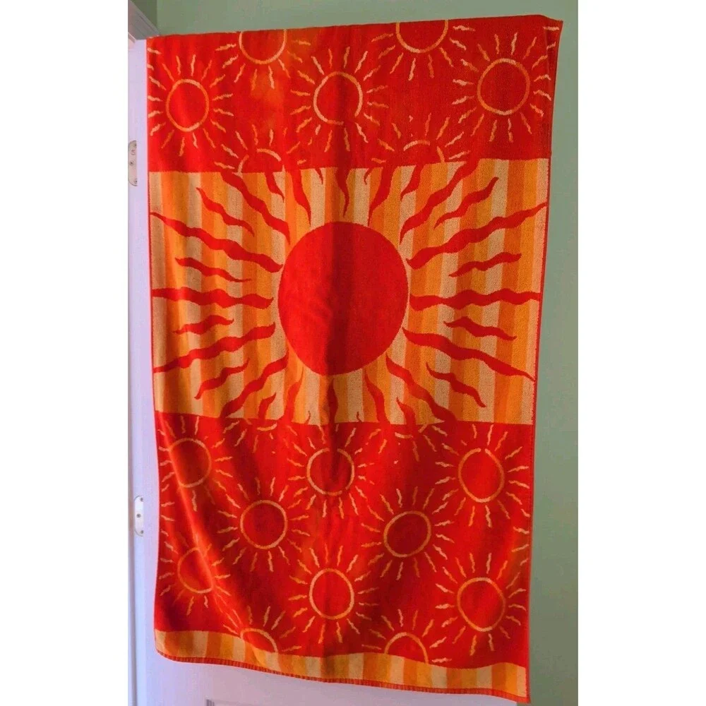 Vtg Palm Cove Beach Towel 100% Cotton Orange Bright Sunbursts Celestial 56